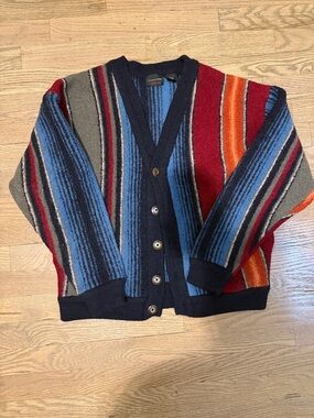 Striped Wool Multicolor V-Neck Cardigan Sweater w/pockets